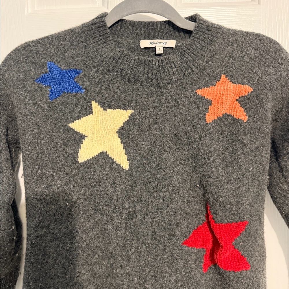 Madewell Gray Crewneck Sweater with Multicolor Star Intarsia